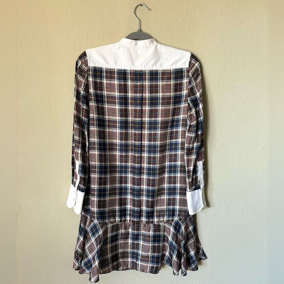 Tory Burch Cora Milano Tartan Silk Mini Brown Blue Shirt Dress Plaid Size 0 - Picture 12 of 15